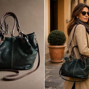 May include: A dark green handbag with a textured snakeskin pattern, featuring two brown leather handles and a detachable brown shoulder strap. The bag has silver-toned metal hardware, a central vertical seam, and a spacious, slouchy silhouette.