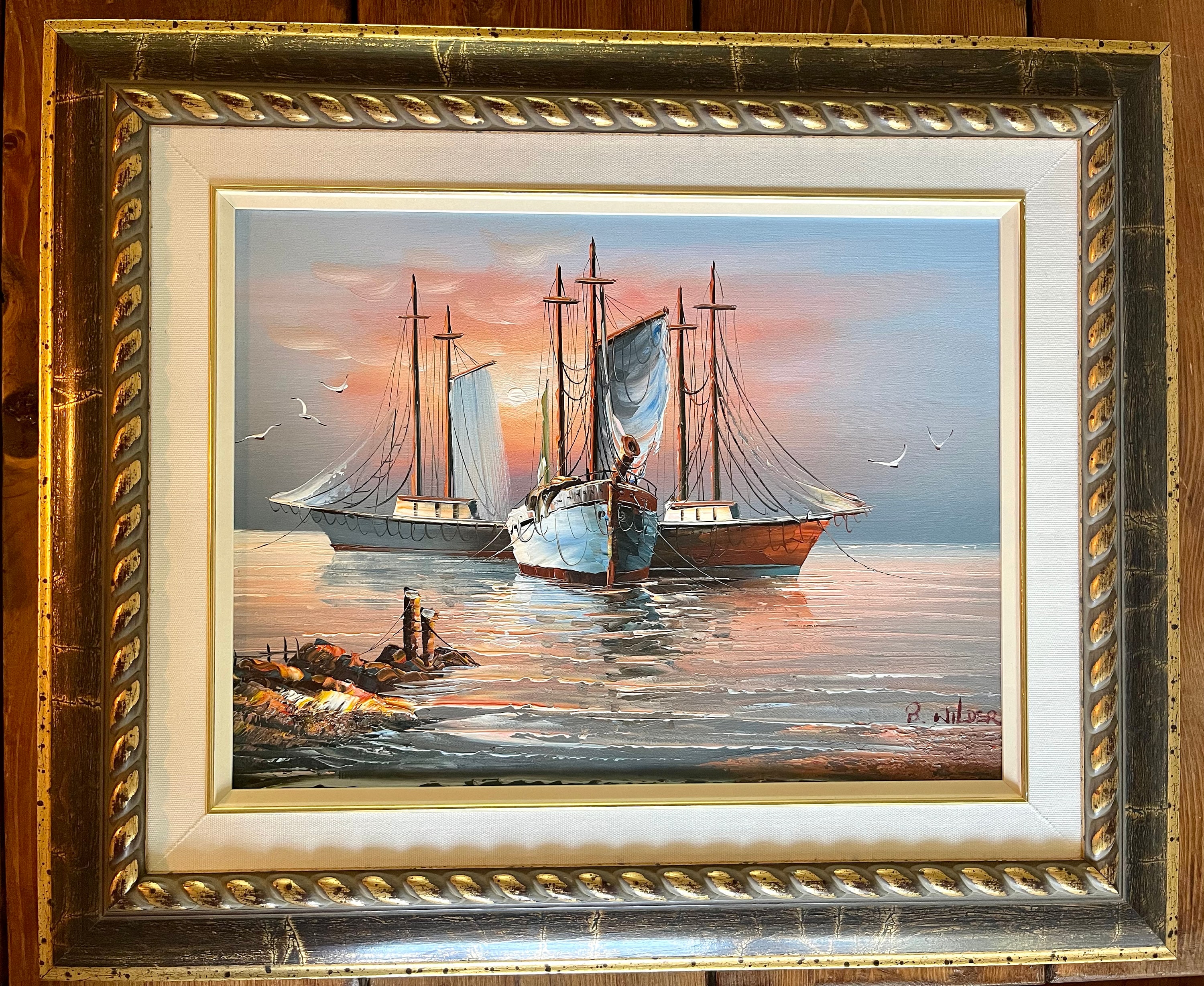 Artist Signed B. Wilder Seascape Ships at Dusk Oil on Canvas
