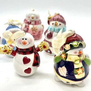 Christmas Ornaments Snowman Family Set of Five Ceramic Handpainted and Glazed Satin Ribbon Hanger Ornaments Gift Idea Festive Decor Items