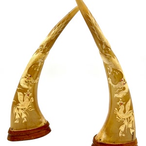Vintage Pair of Hand-carved Dragon and Phoenix Water Buffalo Horns Mounted on a Wood Base 16 in High Symbols of Success And Prosperity Gift
