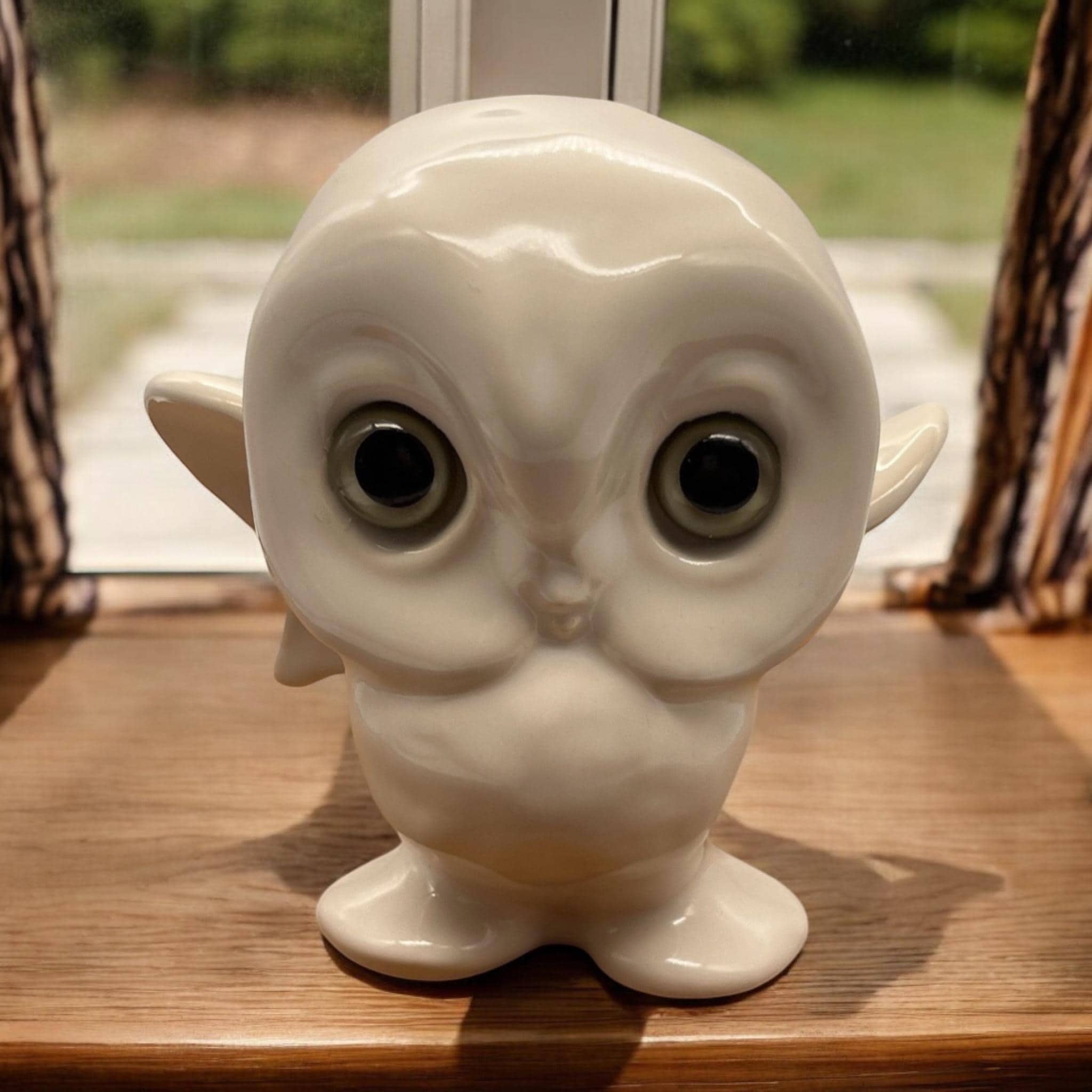 Green Glass Eyed Baby White Snowy Owl Figurine Canadian Ceramic Collectible Collection Gift Idea