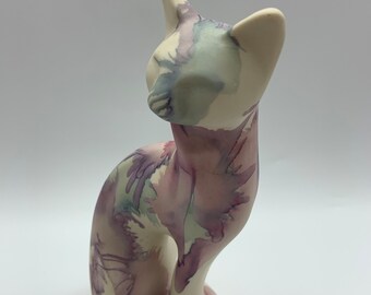1980's Porcelaine Cat figurine by Cherish, Porcelaine, Canada,Pink, Purple, Green, Abstract Splatter Paint Pattern, Pastel, Cat Lovers, Gift