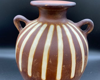 Jose Sosa Master Potter Vintage Year 2000 Pottery Vase 2 Handles Striped Cream Brown Artist Signed Decor Gift MCM Item