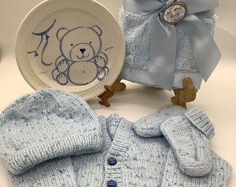 Baby Gift Set - Blue - Handknit Sweater, Mitts, Hat, Sock Boot, 16 inch Silk Ribbed Blanket & Nursery Decor Baby Shower/Gift Idea