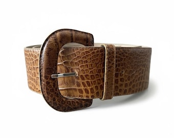 VINTAGE 5” wide brown black textured snake print belt M GOLD buckle 90s Real Python Leather Belt for Men / Vintage Exotic Animal  main image 4