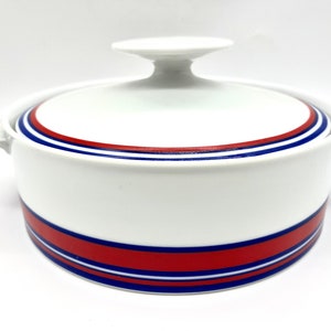 Vintage Thomas Concord Medallion White with Blue & Red Stripes Covered Vegetable Casserole Serving Dish circa 1970s Made in Germany
