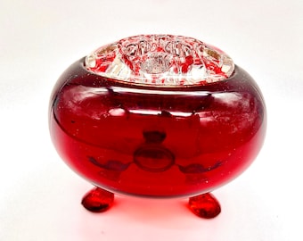 Vintage Ruby Red Viking Glass Vase with 11 Hole Flower Frog Flower Bowl on 3 Pedestal Feet