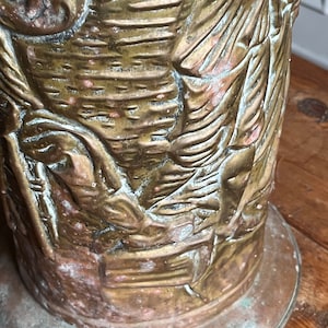 Vintage Embossed Brass Umbrella Stand Cane Holder Made in England Family Scene Functional Decor Design Piece Patina Aged Look
