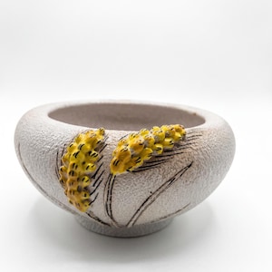 Peut inclure: Un bol en céramique blanc cassé de forme ronde avec une surface texturée et mate. L'extérieur présente deux motifs botaniques en relief, jaunes, ressemblant à des pommes de pin, accentués par de fines lignes peintes à la main.