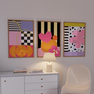 Trendy Wall Art Set of 3 Preppy Poster Prints Pink Wall Art Colorful Prints Maximalist Decor Apartment Aesthetic Digital Prints