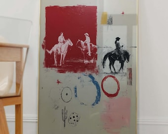 May include: A framed rectangular wall art print featuring a deep red square background with black silhouettes of two figures on horseback. The lower section includes abstract blue and red circles, a black cactus, and a die icon on a light gray field.
