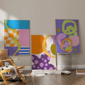 Colorful Prints Trendy Wall Art Set of 3 Preppy Poster Prints Orange Pink Purple Wall Art Maximalist Decor Apartment Aesthetic Modern Prints