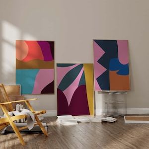 Conjunto de 3 impresiones abstractas de arte abstracto colorido, arte de pared abstracto moderno colorido, decoración maximalista, conjunto de póster de moda, descarga digital