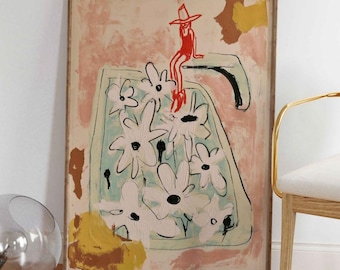 Opera d'arte western moderna, stampa naif di una cowgirl con fiori astratti nei toni del rosa e della salvia.