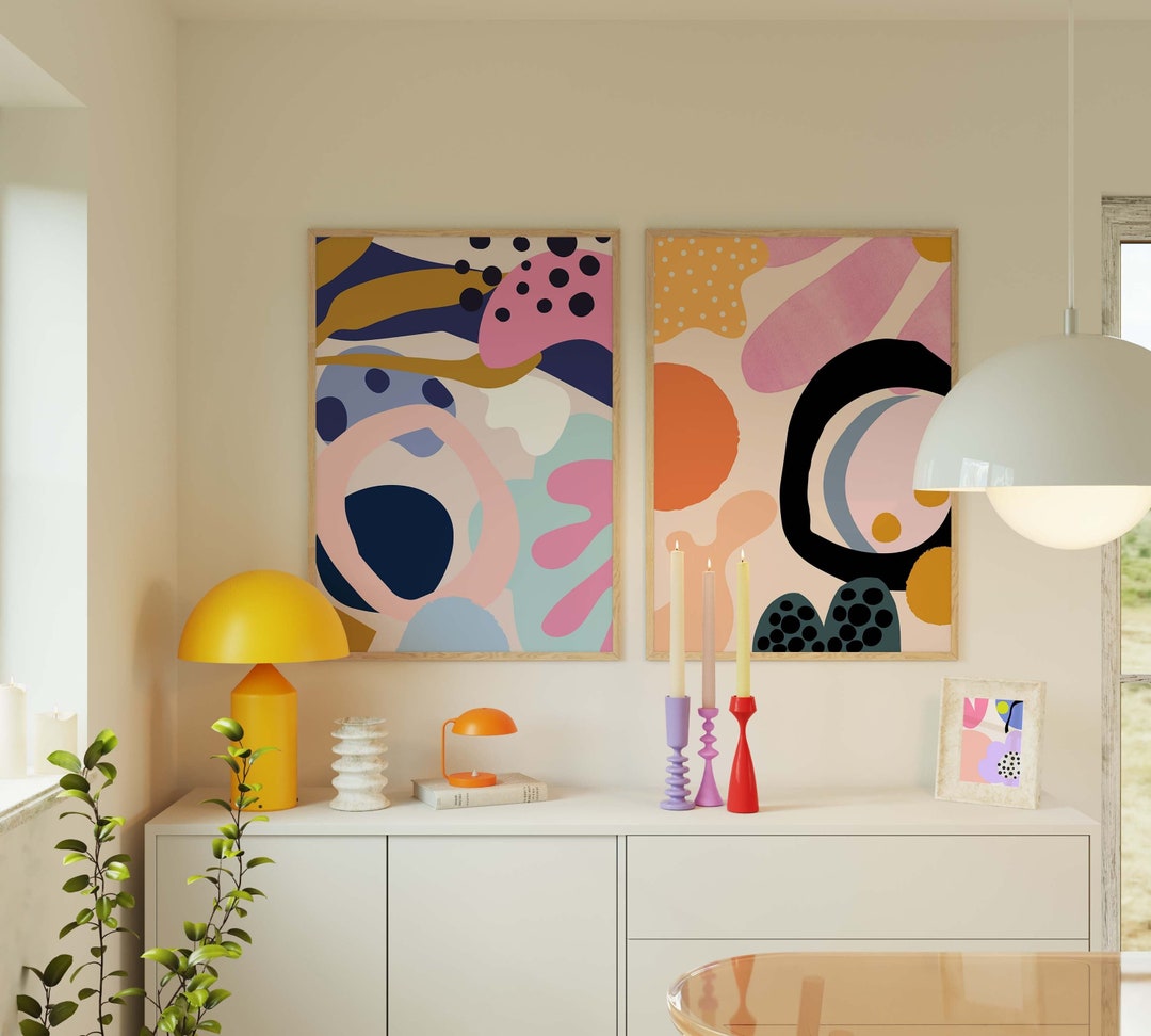 Funky Abstract Set of 2 Art Prints Colorful Wall Art Modern Prints Set ...
