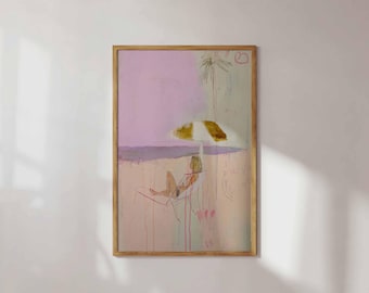 Sunbather Wall Art, Danish Pastel Beach Print, Pink Expressionist Coastal Painting, Trendy Apartment Wall Decor