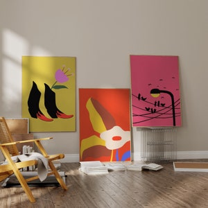 Set of 3 Colorful Abstract Flower Eclectic Wall Art Dopamine Decor Vibrant Floral Art Colorful Prints Modern Abstract Art Maximalist Decor