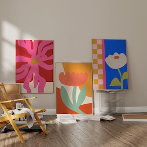 Colorful Flower Artwork Set of 3 Bold Abstract Flower Eclectic Wall Art Maximalist Decor Vibrant Floral Art Retro Flower Poster Set
