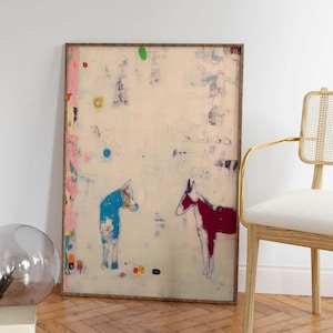 Arte mural abstracto de caballos / Obra de arte animal moderna de gran tamaño / Decoración minimalista contemporánea / Arte mural con un toque neutro