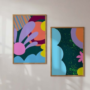 Trendy Wall Art Set of 2 Preppy Poster Prints Pink Blue Wall Art Modern Colorful Prints Maximalist Decor Apartment Aesthetic Digital Prints