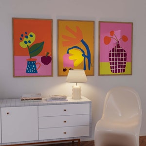 Set of 3 Bold Abstract Flower Eclectic Wall Art Colorful Prints Flower Market Art Matisse Prints Maximalist Decor Vibrant Floral Art
