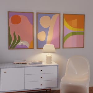 Juego de 3 impresiones abstractas y coloridas de estilo preppy para imprimir / Decoración de pared con colores pastel y estética moderna / Arte abstracto geométrico colorido