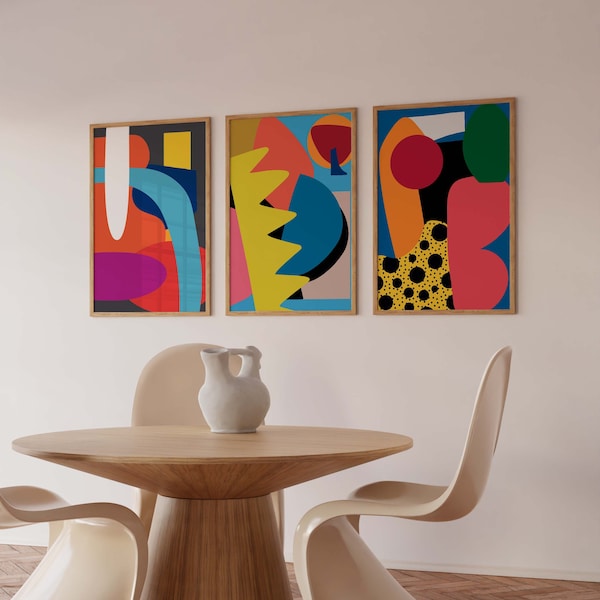 Bunte abstrakte Kunst, abstraktes Set mit 3 Drucken, bunte druckbare bunte Wandkunst, zeitgenössische Heimdekoration, digitaler Download, moderne Drucke