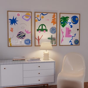 Arte de pared abstracto, conjunto de arte colorido, conjunto de pósteres divertidos, arte de pared, impresiones de arte brillantes, tríptico, decoración de guardería para niños, arte de pared divertido, decoración de dopamina