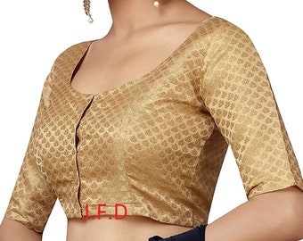 Gold Chanderi Silk Blouse, Elbow Sleeve Indian Sari Choli, Ready Wear Festive Wedding