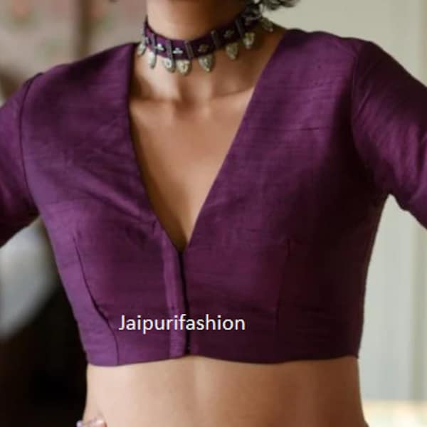 Designer V Neck saree blouse, Elbow sleeves Saree Blouse, Indian Sari Blouse, Bollywood Sari Blouse, Women Blouse, Popular colour available