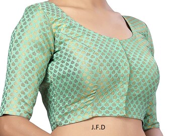 Blue Chanderi Silk Saree Blouse - Elbow Sleeves, Padded Sari Top