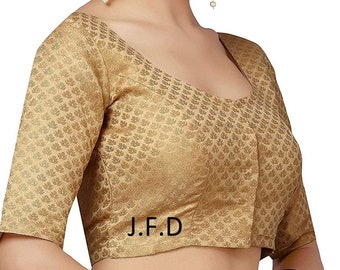 Traditional Golden Chanderi Saree Blouse – Elbow Sleeve Ready Wear