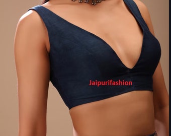 Navy Blue Blouse In  Silk With Plunging Neckline And Front Hook Closure