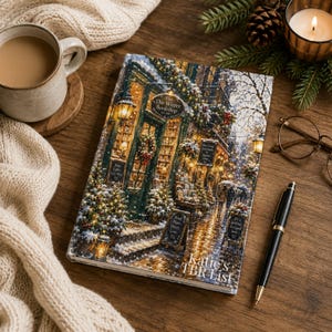 May include: A hardcover book titled Katie's TBR List featuring a winter bookshop illustration on the cover, surrounded by a ceramic mug of coffee, a black pen, eyeglasses, a pine cone, and a white knitted blanket on a wooden surface.