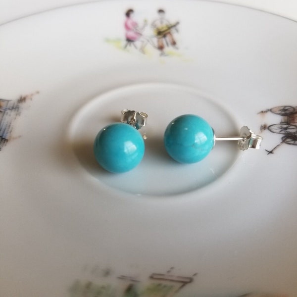 Sleep Beauty Color Turquoise 10mm Ball Stud Earrings Solid 925 Sterling Silver