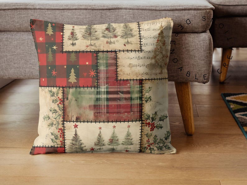 May include: Square decorative pillow with a patchwork design featuring Christmas trees, holly, and plaid patterns in red, green, and cream colors. The pillow is made of fabric and has a stitched border.