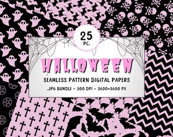 Pink Halloween Seamless Patterns Digital Paper Bundle – 25 JPGs, Spooky Scrapbook Backgrounds, Ghost Bat Skull Patterns, 3600x3600, 300 DPI