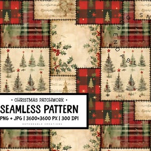 Peut inclure: Un motif sans couture sur le thème de Noël avec un design patchwork. Le motif comprend des carrés à carreaux rouges et verts, des arbres de Noël, du houx et des notes de musique. Le texte indique "Christmas Patchwork Seamless Pattern".
