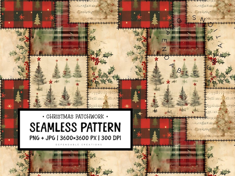 May include: A Christmas-themed seamless pattern featuring a patchwork design. The pattern includes red and green plaid squares, Christmas trees, holly, and musical notes. The text reads "Christmas Patchwork Seamless Pattern".