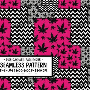 May include: A seamless patchwork pattern featuring cannabis leaves in black glitter on a bright pink background. The design includes black and white zigzag patterns and gray cannabis leaf patches. The text reads "PINK CANNABIS PATCHWORK. SEAMLESS PATTERN."