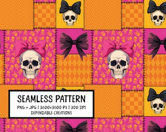 Seamless Pattern Halloween PNG - Patchwork Fabric Design - Spooky Cute Digital Paper - Pink Skull Printable Background - Digital Download
