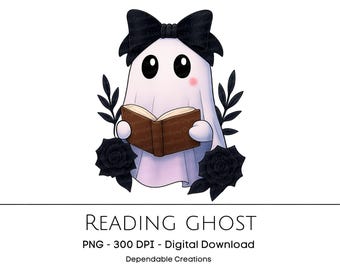 Lese Geist Clipart PNG – Gruselige süße Buchliebhaber Illustration – Gothic Halloween Digitaler Download – Kawaii Geist Kunst für Aufkleber & Sublim