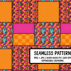 以下が含まれることがあります： ハロウィーンをテーマにしたカラフルなシームレスパターン。デザインは、お化け、カボチャ、キャンディー、オレンジ、ピンク、青の幾何学模様のパッチワーク正方形が特徴です。「SEAMLESS PATTERN」というテキストが白い長方形で表示されています。