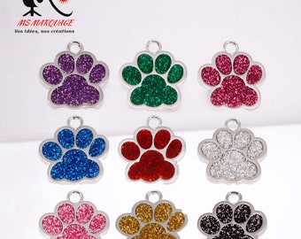 Médaille d'identification patte pour animal ( chat, chien etc..) acier inoxydable et strass gravure laser  10 coloris au choix