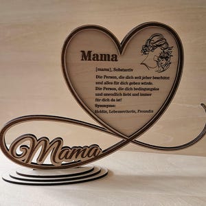 May include: Wooden heart-shaped sign with the word "Mama" in a decorative font. The sign also includes a definition of the word "Mama" in German, describing it as a person who protects and loves unconditionally. The sign is on a wooden base.