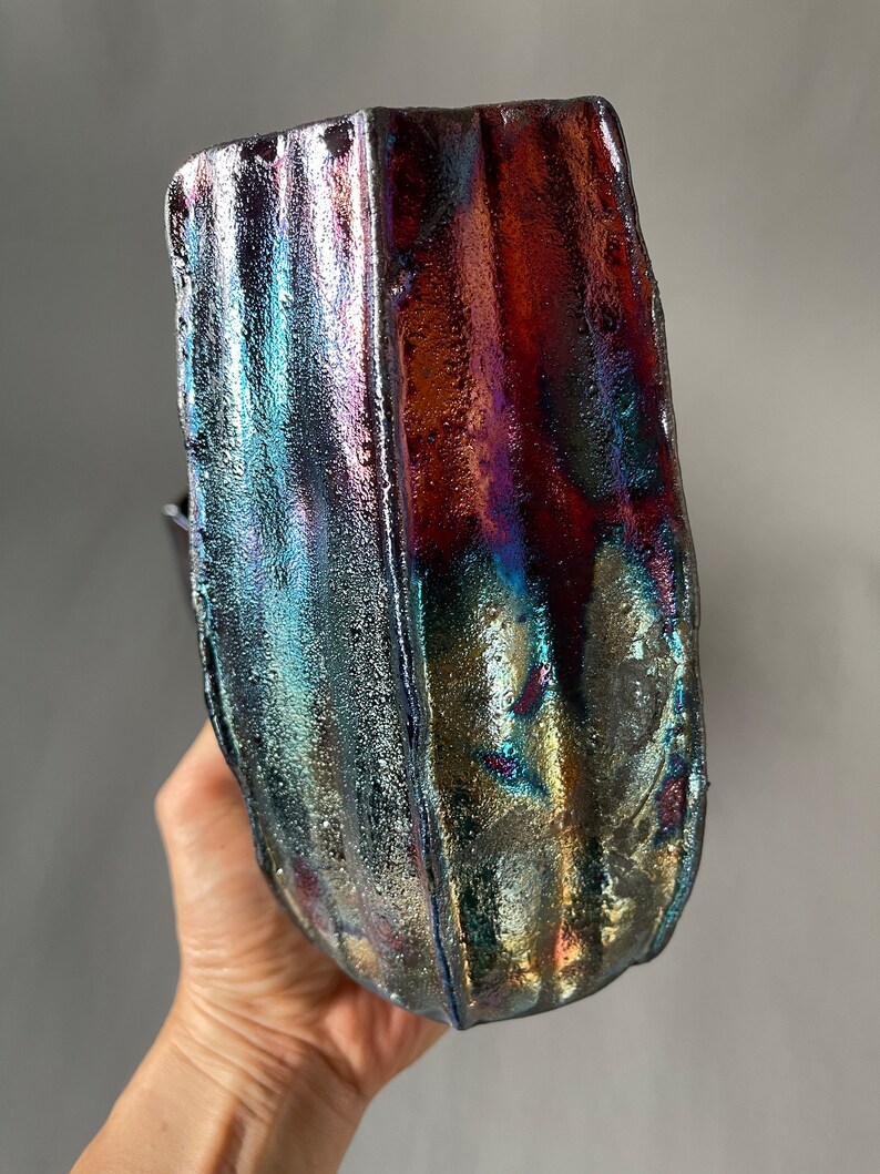 Handmade One-of-a-Kind Raku Vases Cactus Shaped Vase Unique Iridescent Rainbow Colors Shiny Metallic image 8