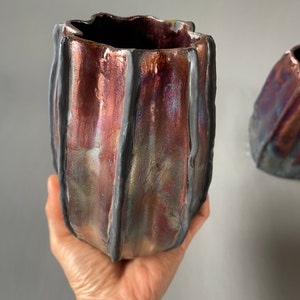 Handmade One-of-a-Kind Raku Vases Cactus Shaped Vase Unique Iridescent Rainbow Colors Shiny Metallic image 5