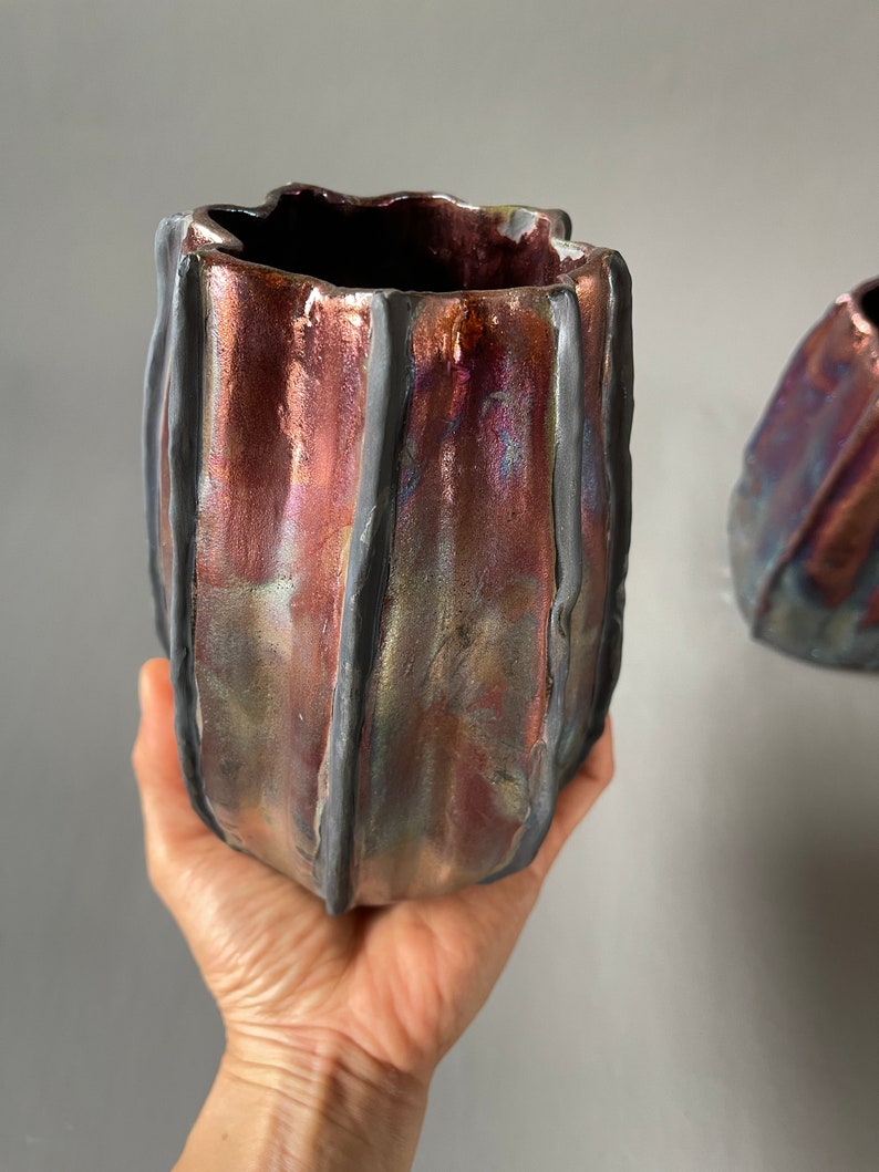 Handmade One-of-a-Kind Raku Vases Cactus Shaped Vase Unique Iridescent Rainbow Colors Shiny Metallic image 5