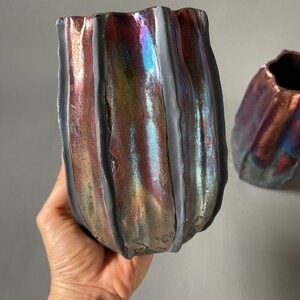 Handmade One-of-a-Kind Raku Vases Cactus Shaped Vase Unique Iridescent Rainbow Colors Shiny Metallic image 3