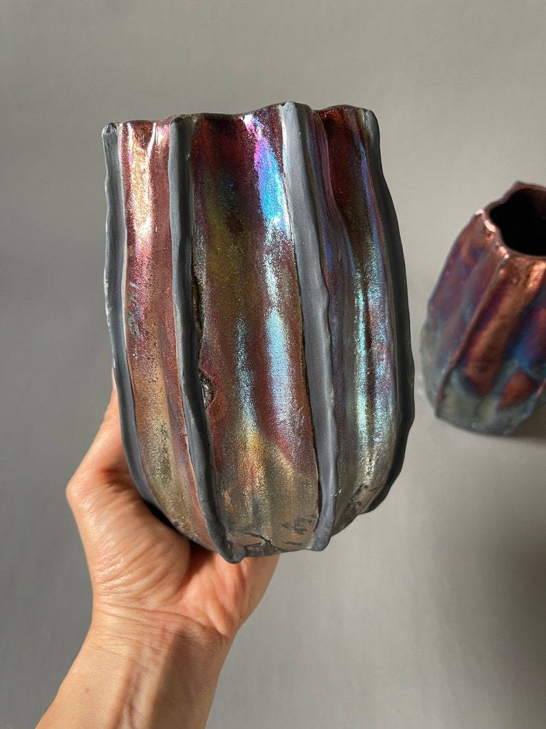 Handmade One-of-a-Kind Raku Vases Cactus Shaped Vase Unique Iridescent Rainbow Colors Shiny Metallic image 3